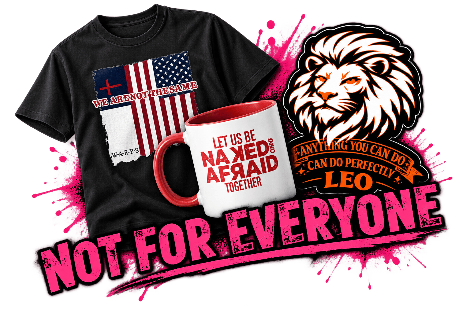 A jingleHeimer novelty tee and mug, plus the Leo zodiac sticker — Not for everyone