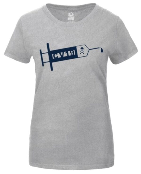 A gray t-shirt with an image of a needle and thread.