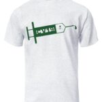 A white t-shirt with a green sign on it.