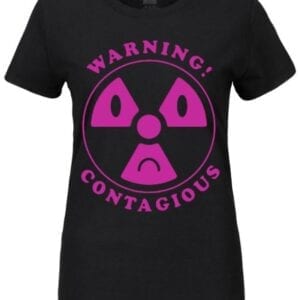 A black t-shirt with a pink warning sign on it.