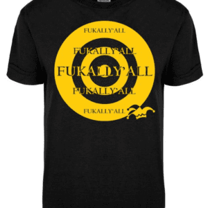 A black t-shirt with an image of a yellow circle.