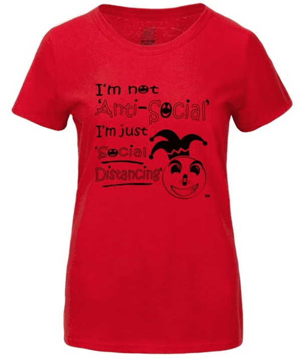 A red t-shirt with an image of a jester 's face.