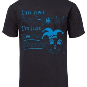 Black tee with blue jester and distancing text