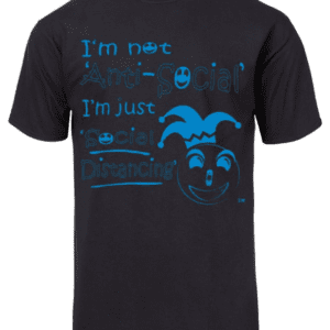 A black t-shirt with an image of a jester.