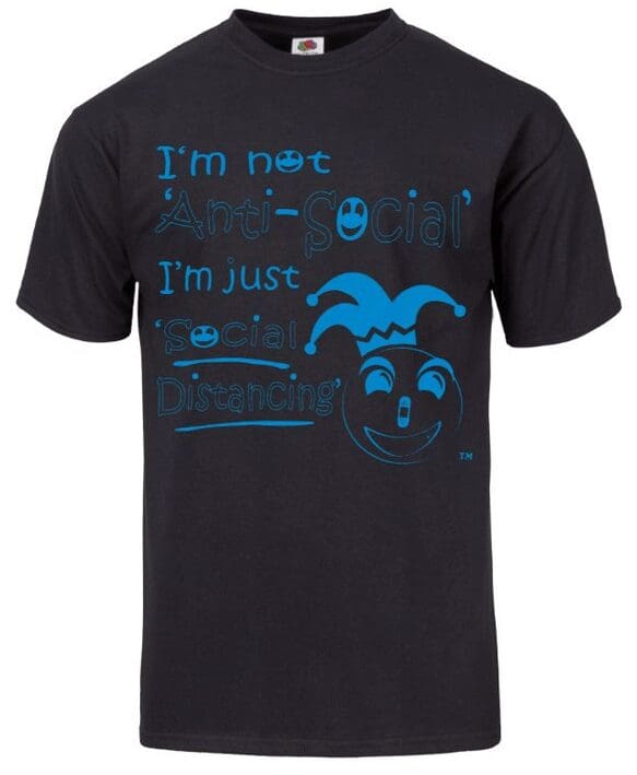 Black tee with blue jester and distancing text