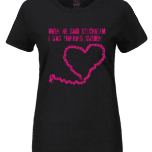 A black t-shirt with pink heart and words