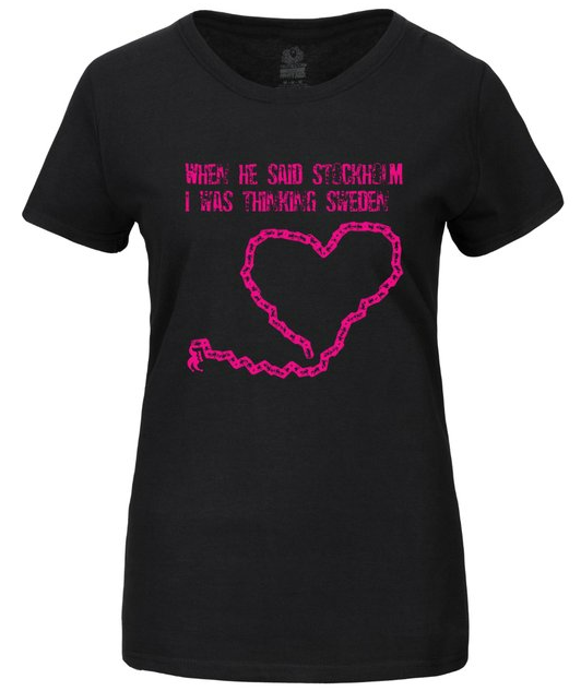 A black t-shirt with pink heart and words