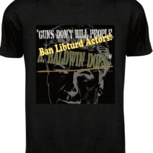 Black tee back with stylized face and slogan