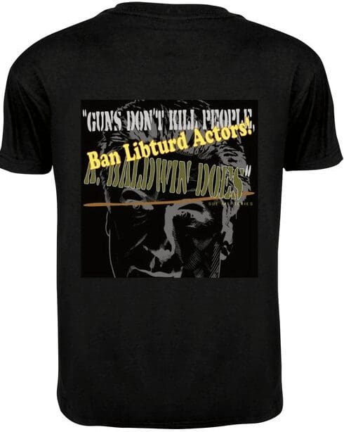 Black tee back with stylized face and slogan