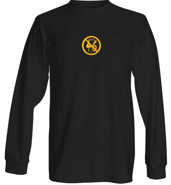A black long sleeve shirt with an orange and yellow logo.