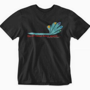 Black t-shirt featuring colorful horse power design.