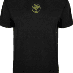 A black t-shirt with a gold logo on the front.