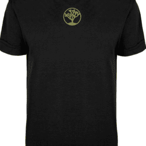 A black t-shirt with a gold logo on the front.