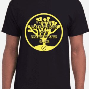 Black t-shirt with yellow graphic design.