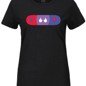 A black t-shirt with a red and blue design on it.
