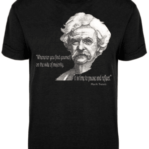 A black t-shirt with an image of mark twain.