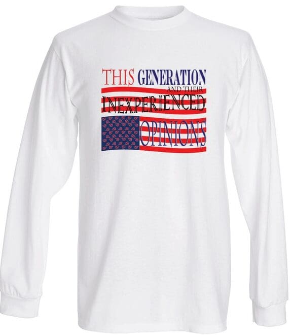 A white long sleeve shirt with an american flag design.