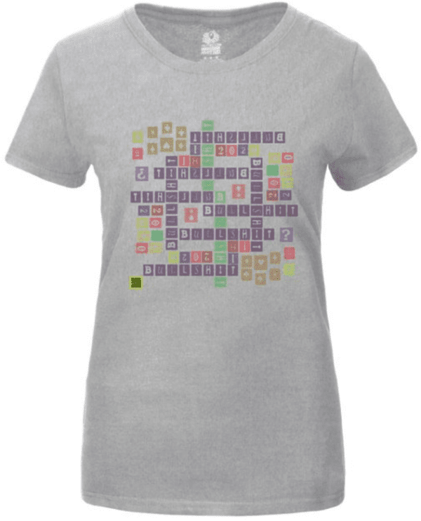 A gray t-shirt with a crossword puzzle on it.