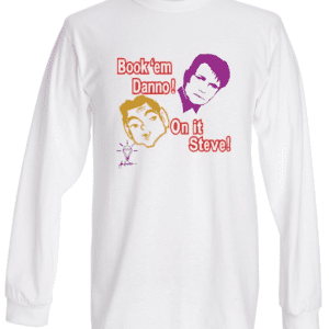 A white long sleeve t-shirt with an image of two men.