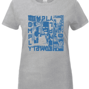 A gray t-shirt with blue print of people.