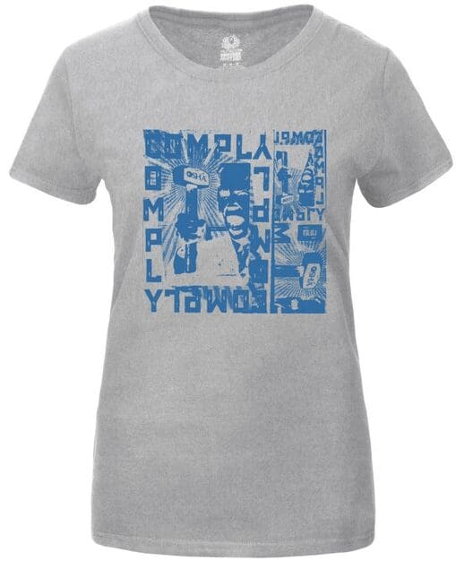 A gray t-shirt with blue print of people.