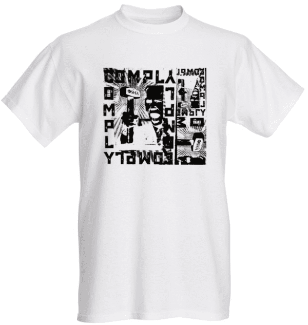 A white t-shirt with black and white images of people.