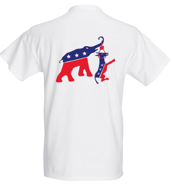 A white shirt with an elephant and clown on it.