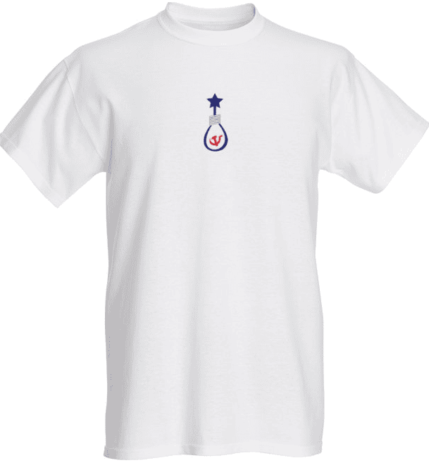 A white t-shirt with a blue and purple logo.