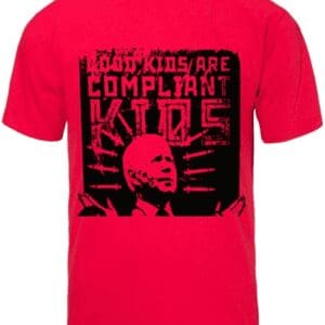 A red shirt with a picture of a bald man.
