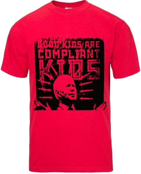 A red shirt with a picture of a bald man.