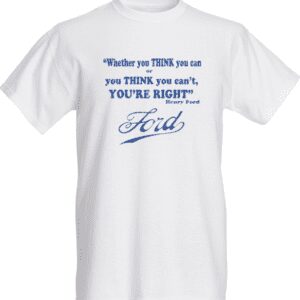 A white t-shirt with an image of a car and the words " ford ".