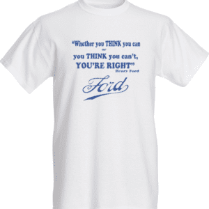 A white t-shirt with an image of a car and the words " ford ".