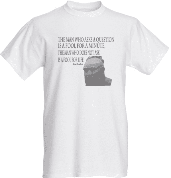 A white t-shirt with an image of a typewriter and quote.