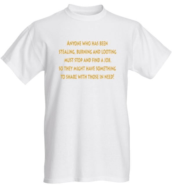 A white t-shirt with some writing on it