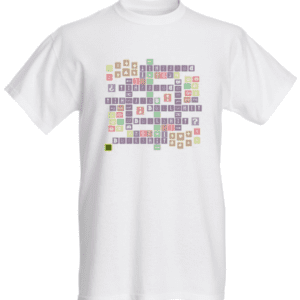 A white t-shirt with a crossword puzzle on it.