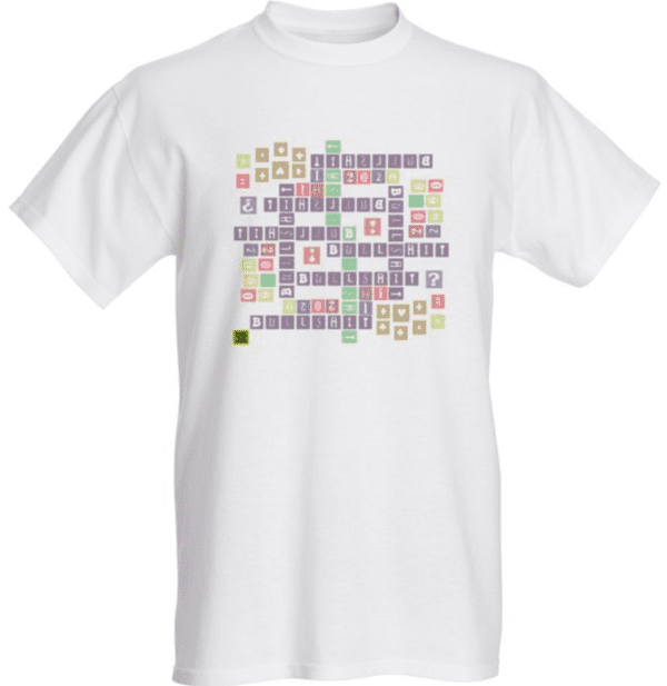 A white t-shirt with a crossword puzzle on it.