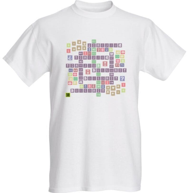 White T-shirt with colorful crossword block design