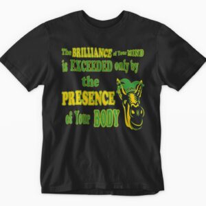 Black t-shirt with humorous mind-body message.