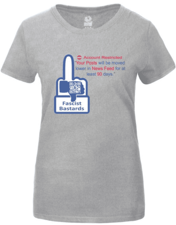 A t-shirt with an image of a hand holding up a cell phone.