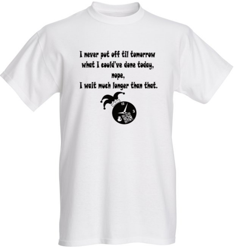 A white t-shirt with an image of a ball and a quote.