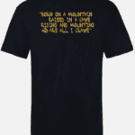 A black t-shirt with the words " tour de la mountain biking in a cave " written on it.