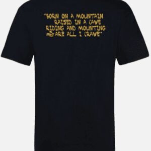 A black t-shirt with the words " tour de la mountain biking in a cave " written on it.