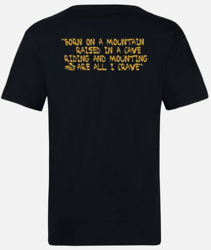 A black t-shirt with the words " tour de la mountain biking in a cave " written on it.