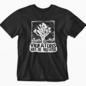 Black t-shirt with bold warning graphic design.