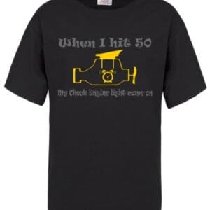 A black t-shirt with a yellow camera and the words " when i hit 5 0, my church lights light down so ".