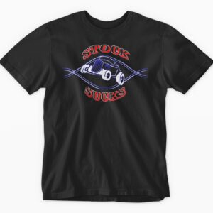 Black t-shirt with "Stock Sucks" graphic.