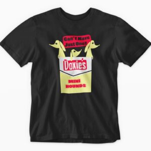 Black t-shirt featuring playful dachshund graphic.