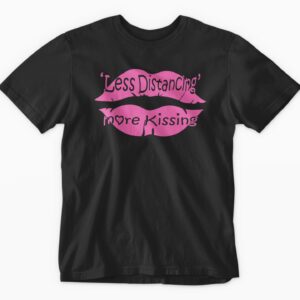 Black t-shirt with playful kissing slogan design.