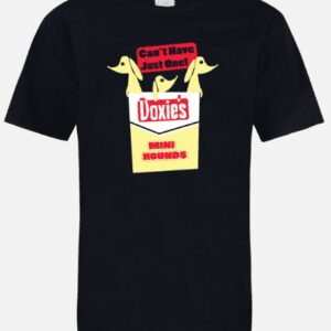 A black t-shirt with an image of a box of cookies.
