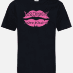 A black t-shirt with pink lips and the words " less distancing more kissing ".